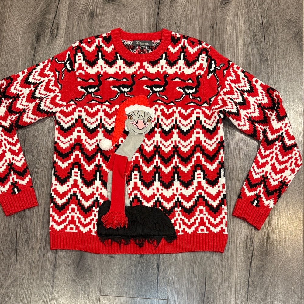 33 Degrees Red and Black Ostrich Ugly Christmas Holiday Sweater Festive